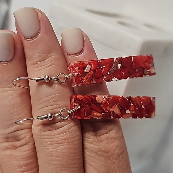 Geometric Rectangle Bamboo Coral Earrings - Picture 4 of 4